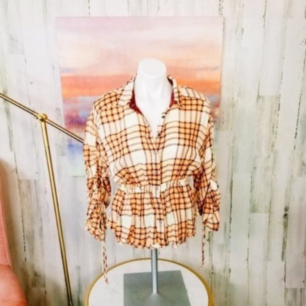Free People Pacific Dawn Plaid Shirt Peachy - Picture 2 of 7